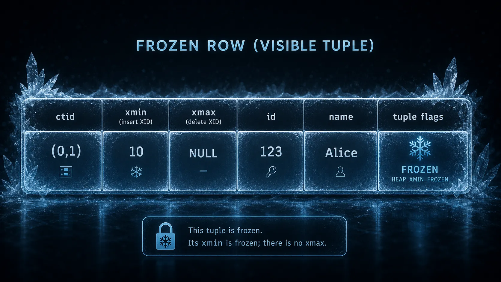 A frozen PostgreSQL row with xmin 10, no xmax, and frozen tuple metadata.