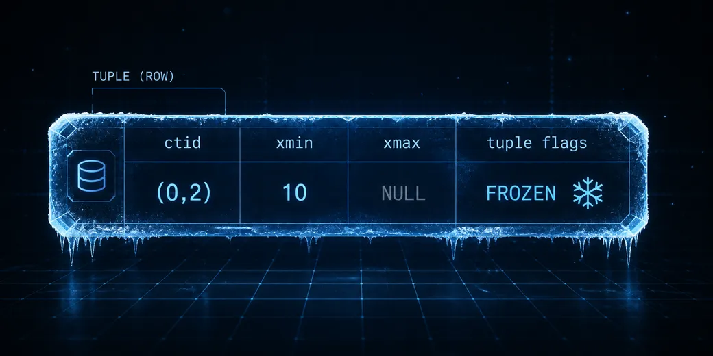 A frozen PostgreSQL tuple row with xmin 10, xmax NULL, and frozen tuple flags.