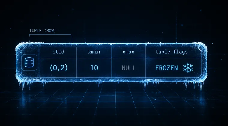 A frozen PostgreSQL tuple row with xmin 10, xmax NULL, and frozen tuple flags.