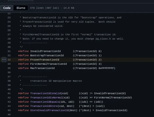 PostgreSQL transaction ID constants showing FrozenTransactionId as 2.